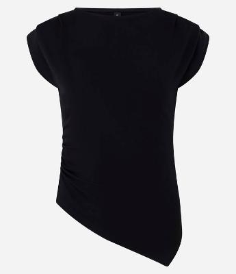 Blusa em Ponto Roma com Efeito Drapeado nos Ombros e Barra Assimétrica