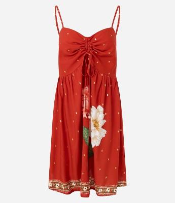 Vestido Curto em Viscose com Estampa Floral e Amarração no Busto