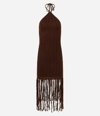 Vestido em Tricô Sem Manga com Franja na Barra