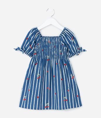 Vestido Infantil Listrado com Estampa Cereja e Mangas Bufantes – Tam 1 a 5/6 Anos