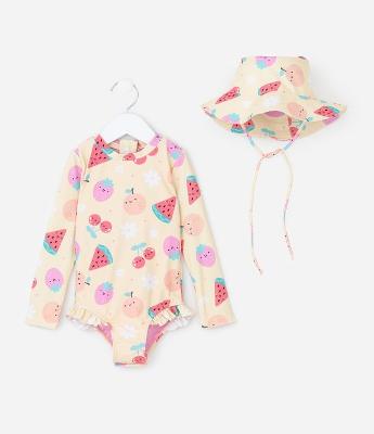 Conjunto Infantil Maiô e Chapéu com Estampa de Frutas Divertidas com Proteção UV - Tam 6-12 meses a 4 Anos