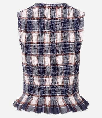 Blusa Sem Manga em Twill Xadrez com Babado na Barra