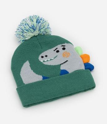 Gorro Infantil em Efeito Tricô com Dinossauro 3D e Pompom – Tam U