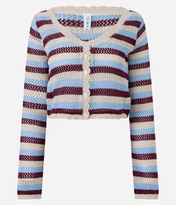 Casaco Cropped em Tricô Listrado com Acabamento Ondinha