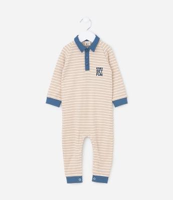 Macacão Infantil Listrado em Suedine com Gola Polo – Tam 0 a 18 Meses