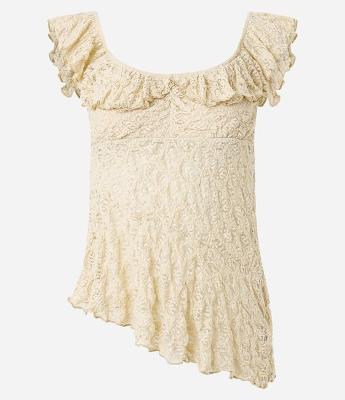 Blusa em Renda Texturizada com Decote Quadrado e Babados