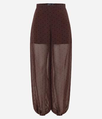 Calça Balloon em Chiffon com Estampa Poá e Transparência