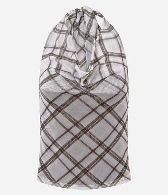 Blusa Frente Única em Tule Xadrez com Decote Degagê e Renda