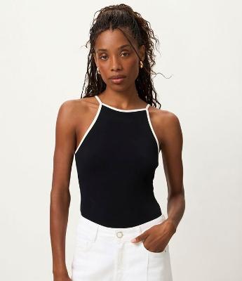 Body em Ribana com Decote Alto e Viés Contrastante