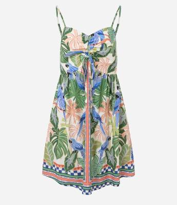 Vestido Curto em Viscose Estampa Tropical com Amarração no Busto
