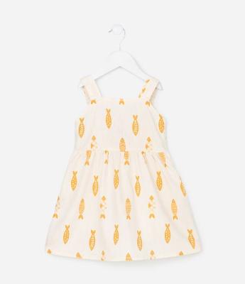 Vestido Infantil em Sarja Estampa Peixinhos - Tam 1 a 6 anos