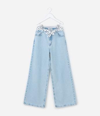 Calça Infantil Wide Leg em Jeans com Cinto de Poá – Tam 5 a 14