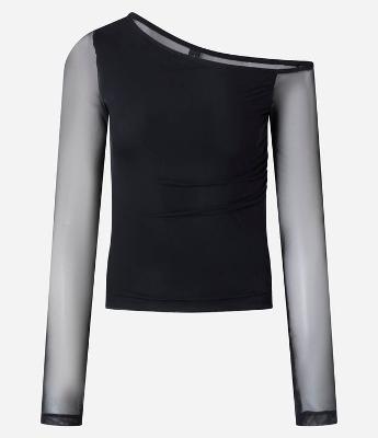 Blusa Assimétrica Ombro Único em Tule com Detalhe Transparente