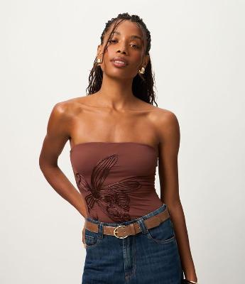 Body Tomara que Caia em Microfibra com Bordado Floral