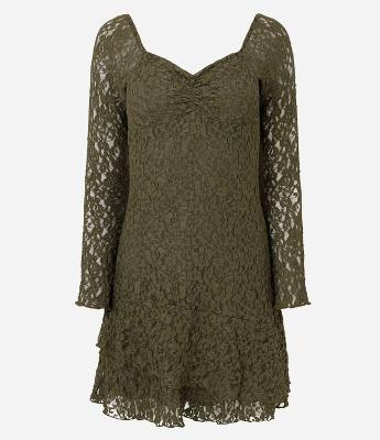 Vestido Curto Manga Longa em Renda Texturizada
