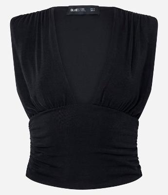 Blusa em Ribana Brilhosa com Decote Profundo e Ombreira