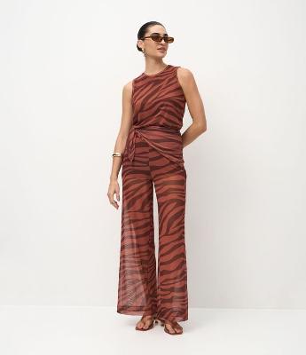 Calça Reta em Tule Transparente com Amarração na Lateral