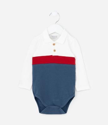 Body Infantil com Gola Polo e Blocos de Cores – Tam 0 a 18 Meses