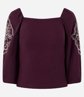 Blusa Manga Longa Bufante com Bordado de Folhagem