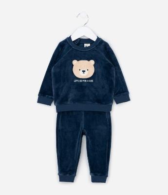 Conjunto Infantil em Plush com Bordado de Urso – Tam 0 a 18 Meses