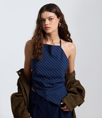 Blusa Frente Única em Alfaiataria com Listras e Amarração Traseira