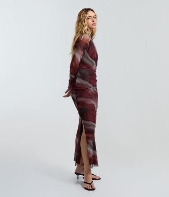 Vestido Midi Manga Longa em Tule Estampado com Efeito Manchado