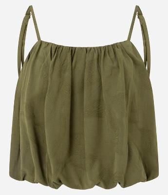 Blusa Balonê em Jacquard Floral com Alças Finas Reguláveis