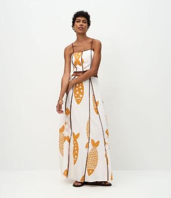 Vestido Evasê em Viscolinho com Vazados e Estampa de Peixe