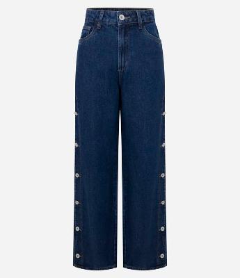 Calça Reta Ampla em Jeans com Cintura Alta e Aberturas Laterais