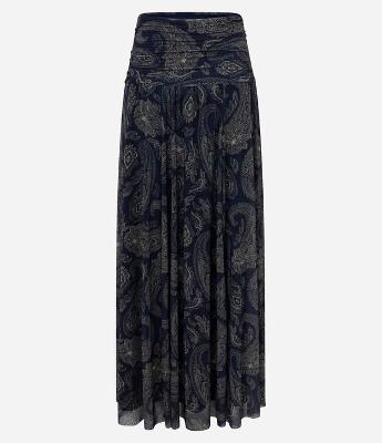 Saia Longa em Tule com Cós Drapeado e Estampa Arabesco