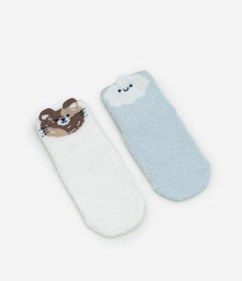 Kit 02 Meias Infantis em Chenille com Nuvem e Bichinho – Tam 0 a 12 Meses