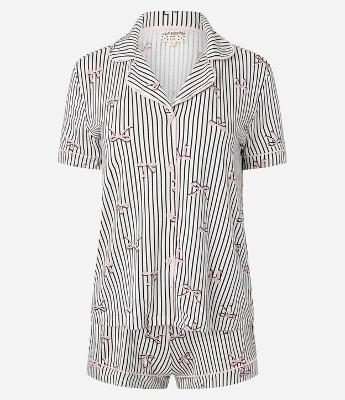 Pijama Short Doll em Viscolycra com Estampa Listrada e Laços