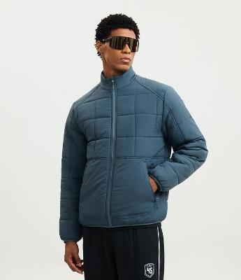 Jaqueta Acolchoada Esportiva com Textura Quadriculada e Zíper Frontal