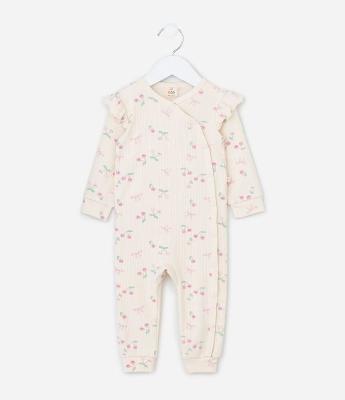 Macacão Infantil Manga Longa com Estampa Cerejinha – Tam 0 a 18 Meses