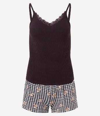 Pijama Curto em Ribana com Short Estampa Xadrez e Ursinhos