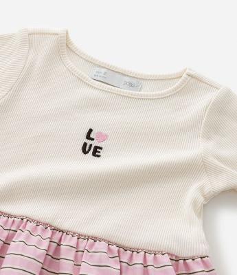 Vestido Infantil em Ribana com Saia Listrada e Estampa Love – Tam 1 a 5/6 Anos