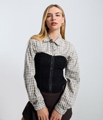 Camisa Oversized Xadrez Lavado em Tricoline