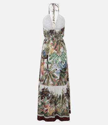 Vestido Longo Tropical com Amarração no Pescoço e Detalhe no Busto