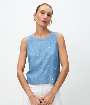 Blusa Regular em Jeans com Bordado Poá