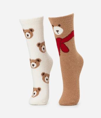 Kit 02 Meias Cano Alto em Chenille com Estampa de Ursinho