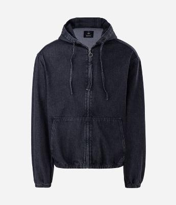 Jaqueta Bomber em Jeans com Zíper e Capuz