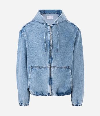 Jaqueta Bomber em Jeans com Zíper e Capuz