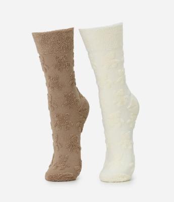 Kit 02 Meias Cano Alto com Estampa de Ursos em Relevo