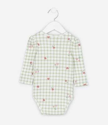 Body Infantil em Vichy com Estampa de Cerejinhas – Tam RN a 18 Meses