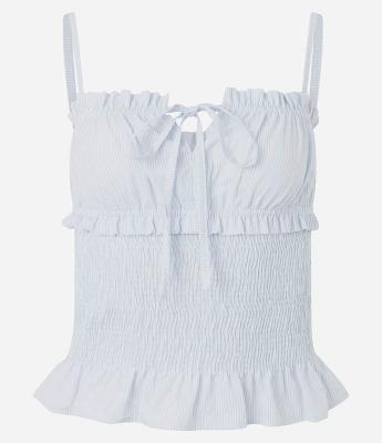 Blusa Ajustada em Tricoline Listrada com Babados
