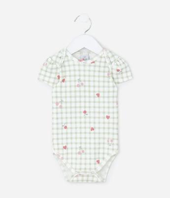 Body Infantil em Vichy com Estampa de Cerejinhas – Tam RN a 18 Meses