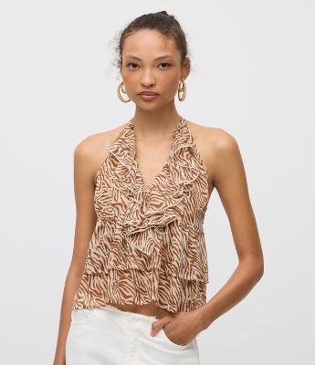 Blusa Frente Única em Chiffon com Babadinho e Estampa Animal Print