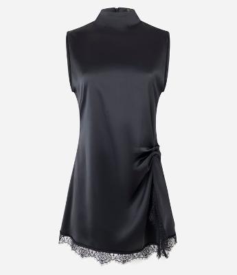 Vestido Curto Acetinado com Gola Halter e Renda na Barra