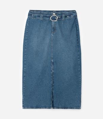 Saia Midi em Jeans com Fenda e Cinto com Fivela Curve & Plus Size