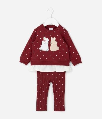 Conjunto Infantil em Moletom com Coelhinhos e Legging Poá – Tam 0 a 18 Meses